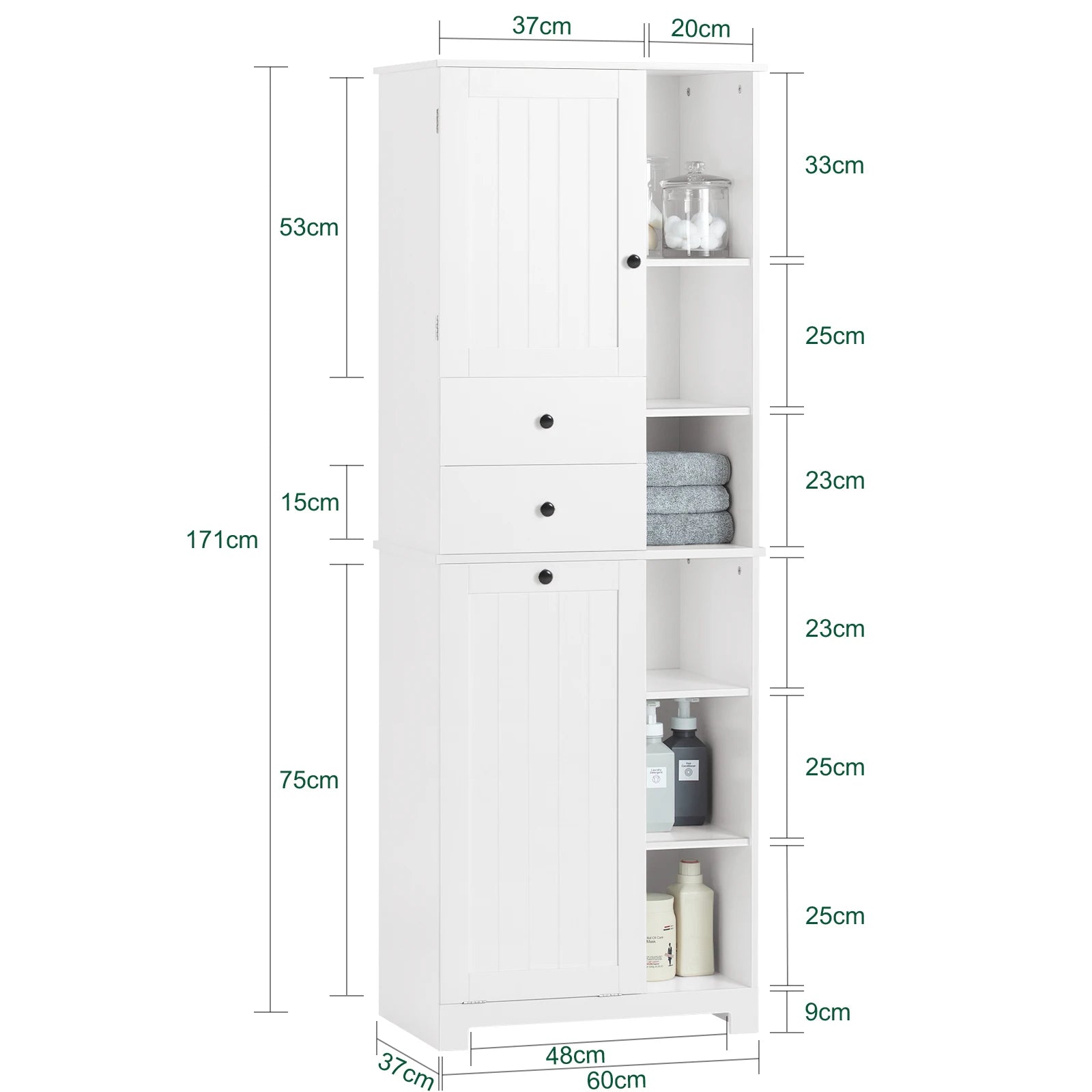 Détail du rangement avec porte et tiroir de l'armoire de salle de bain