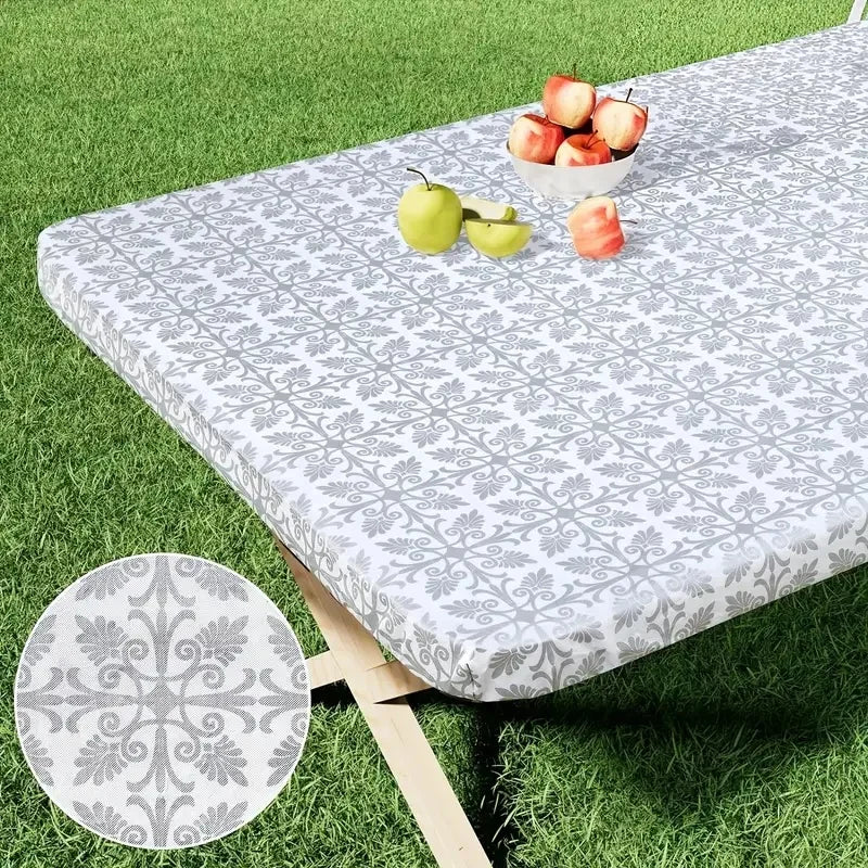 nappe table rectangulaire motif floral gris blanc pvc réutilisable moderne élégante noël camping pique