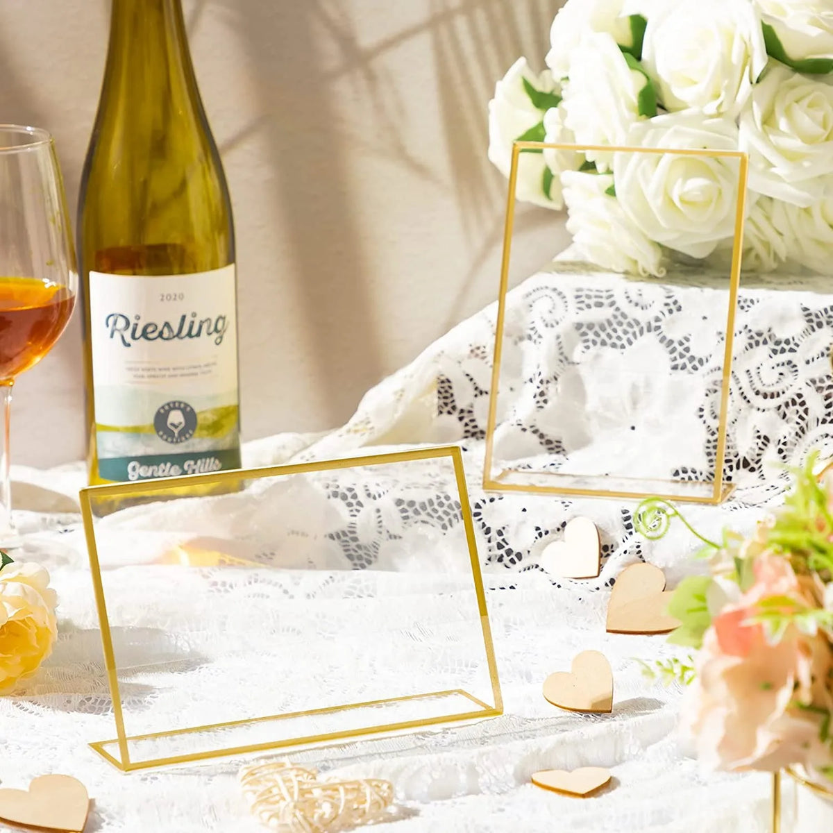 cadre photo acrylique transparent bord doré support table mariage menu menu transparent élégant