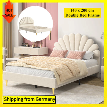 Lit double capitonné beige avec tête de lit fleur en velours