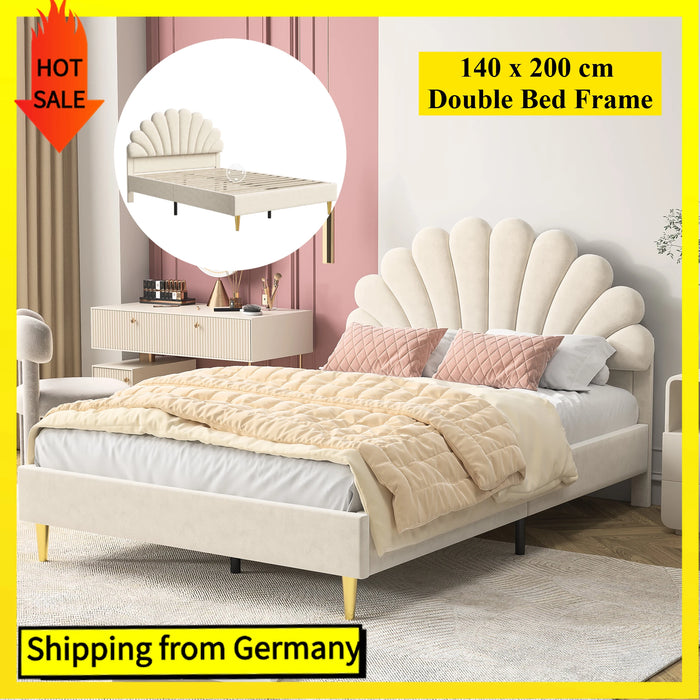 Lit double capitonné beige avec tête de lit fleur en velours