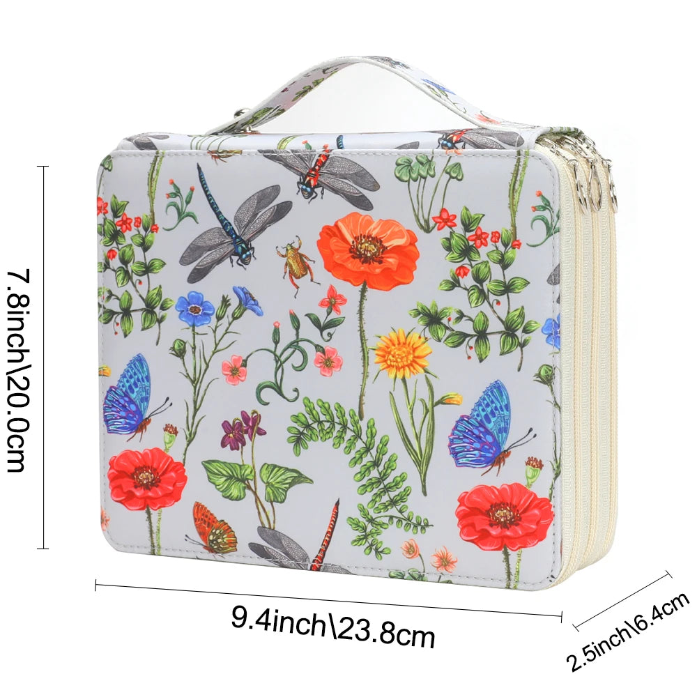 boîte crayons fleurs papillons zips 200 trous tissu polyestère moderne bleu vertclair