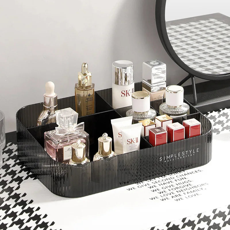organisateur maquillage boîte rangement bijoux noir rayures moderne respectueux environnement cosmétiques flacon crème rouge