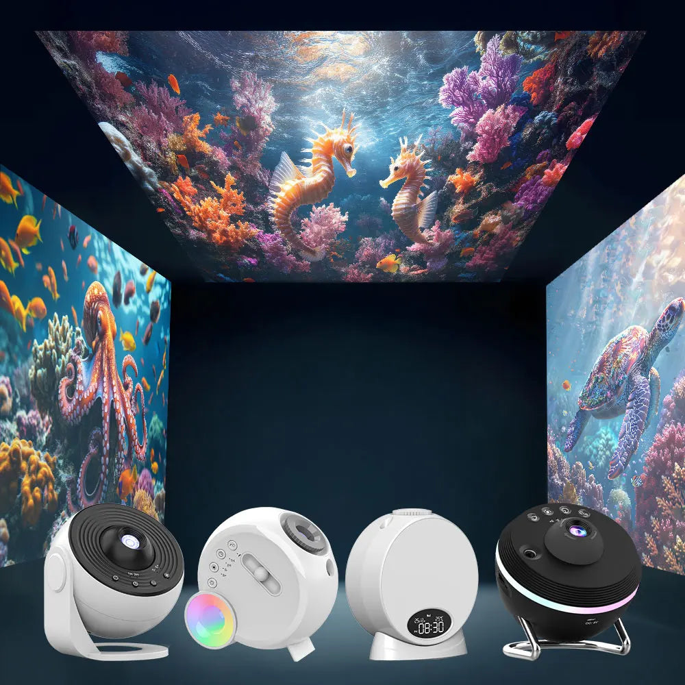 projecteur mural blanc noir univers planètes galaxies coeurs poissons coraux patterns 4k hd