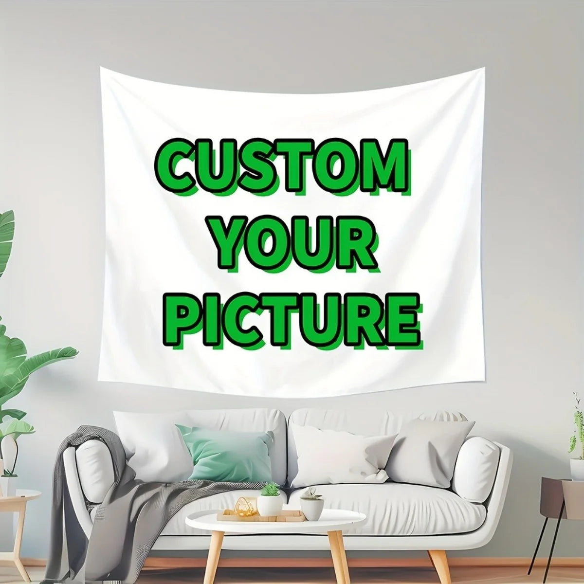 tapisserie moderne personnalisable blanc vert lettres CUSTOM YOUR PICTURE occasion fête noël mariage anniversaire