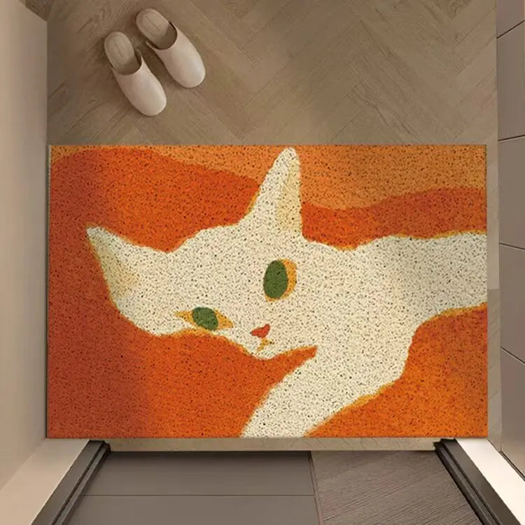 tapis sol antidérapant orange blanc moderne chat motifs géométriques