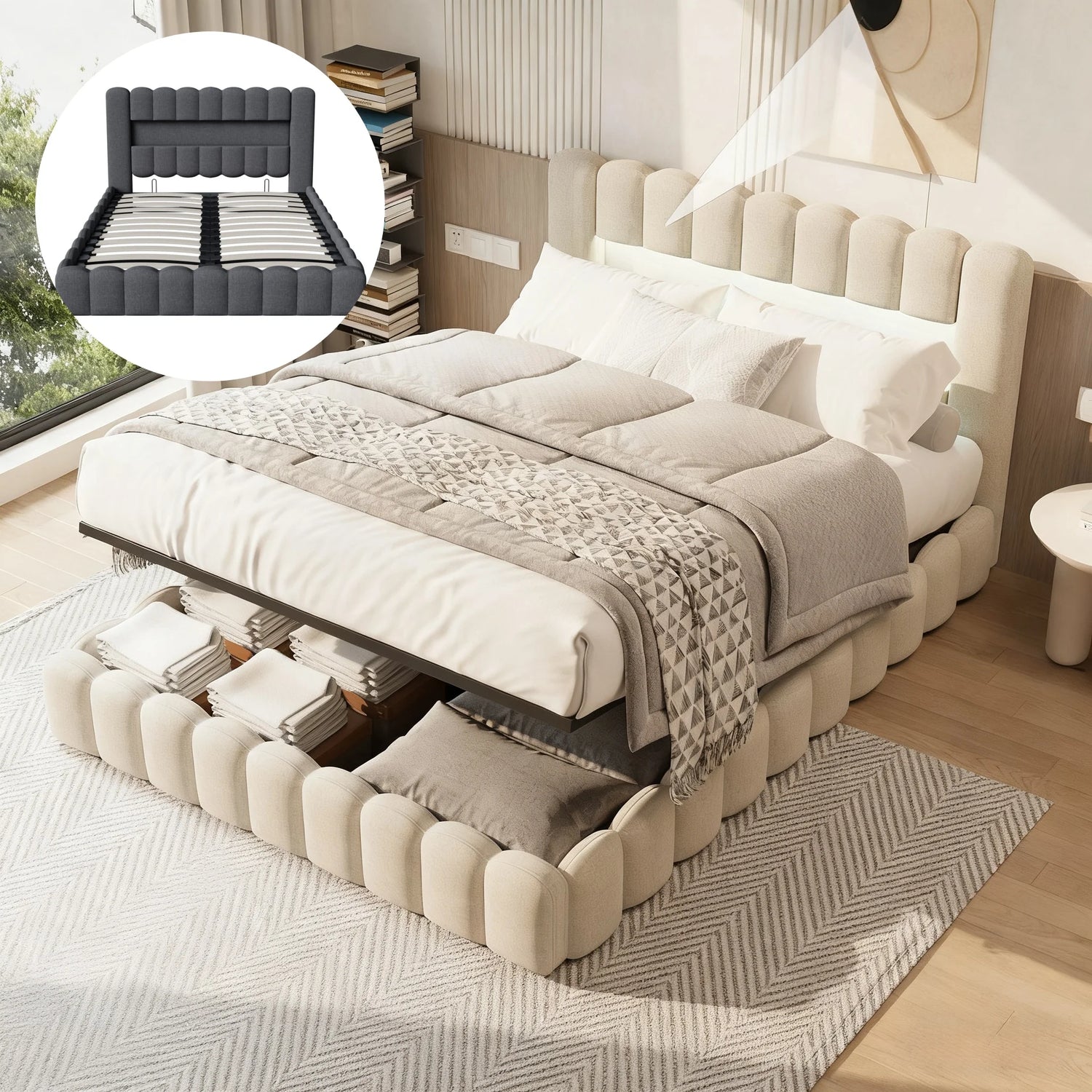 Cadre de lit 140 design Bubble en tissu lin avec tête de lit LED