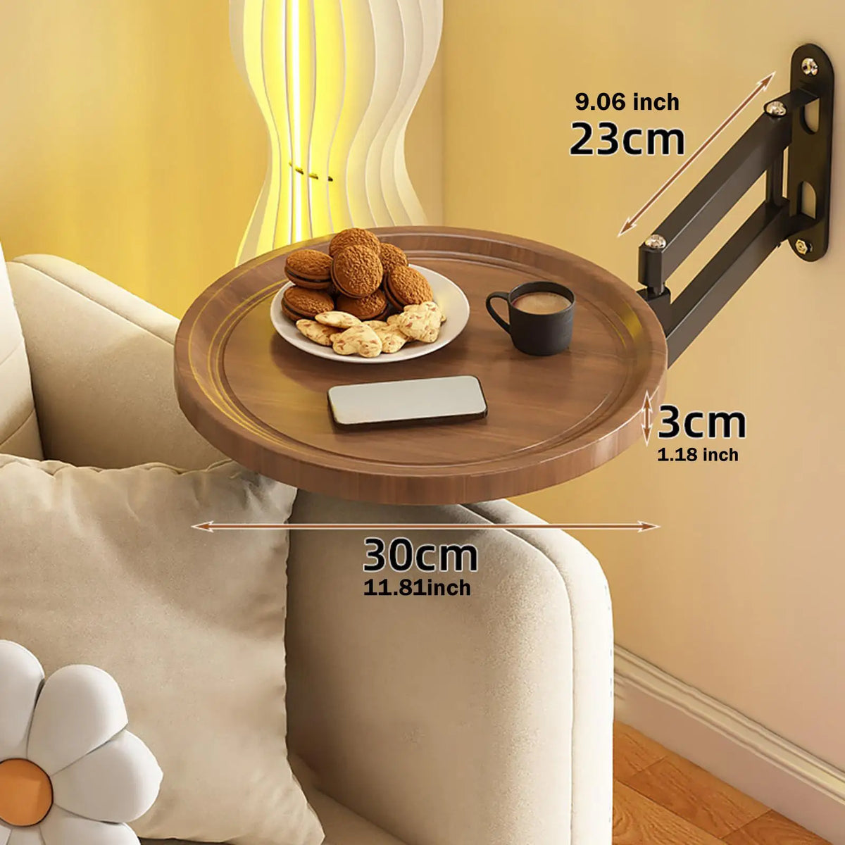 table pliable murale moderne bois métal plateau rond minimaliste dimension 30cm