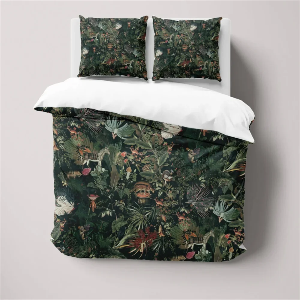 ensemble literie moderne feuilles fleurs oiseaux vert foncé noir blanc adultes enfants single double