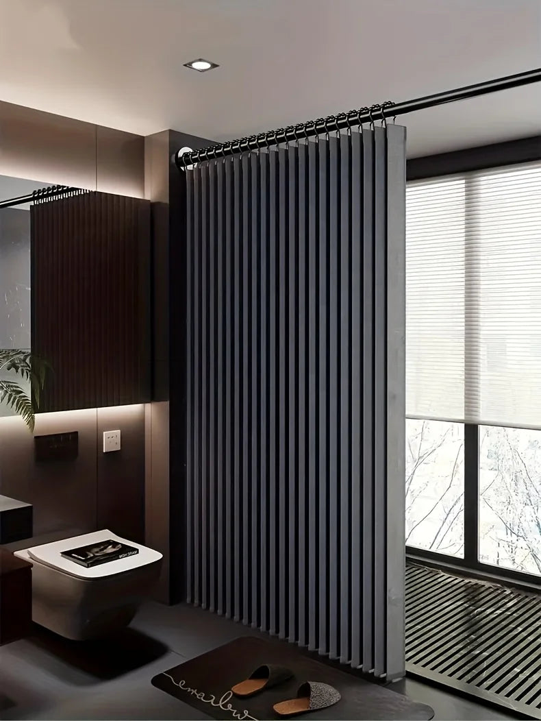 rideau douche pliable invisible gris rayures vertical opacité moderne anneau support mural polyester tufté