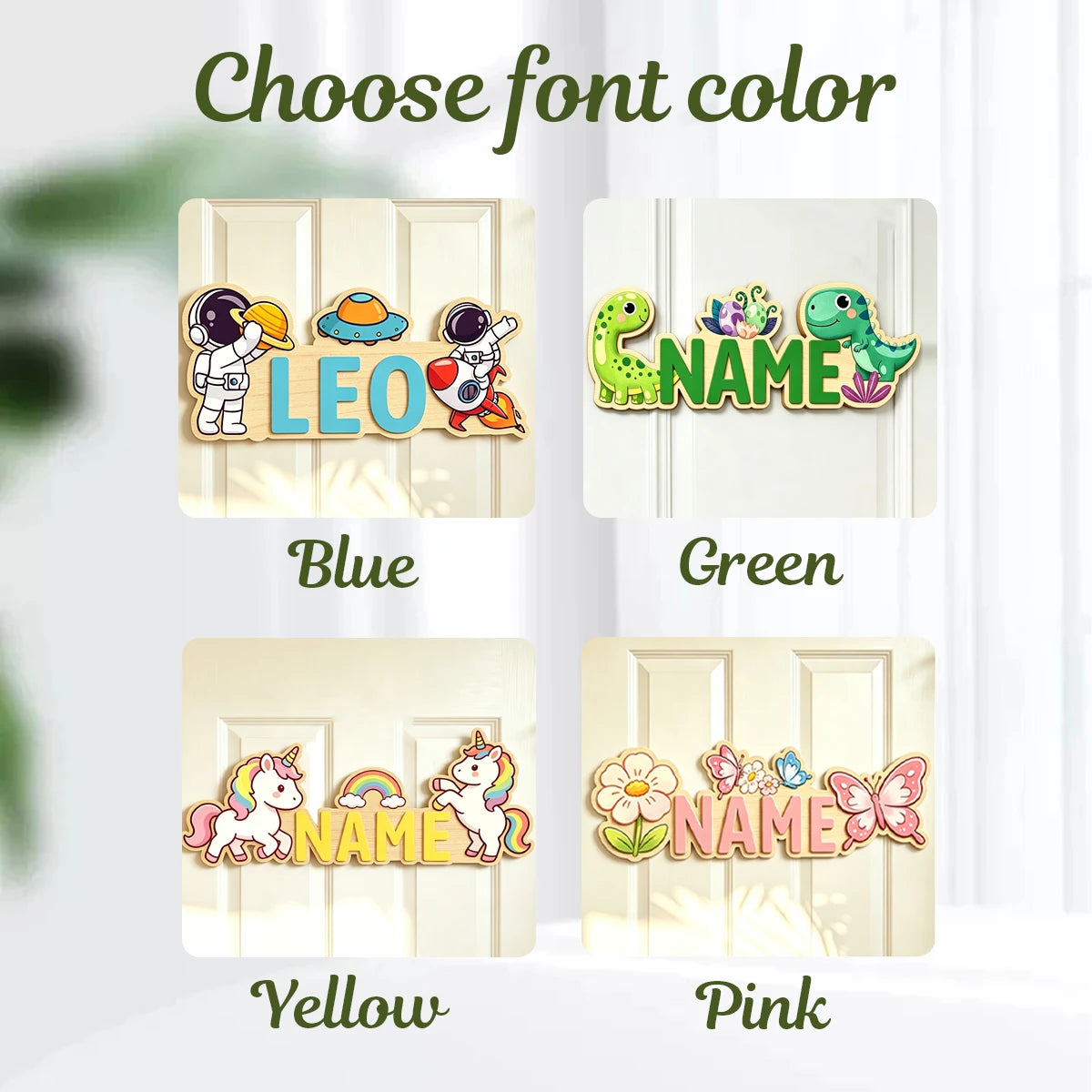 plaque porte personnalisable dessin animé fleurs papillons licorne verte bleue jaune rose