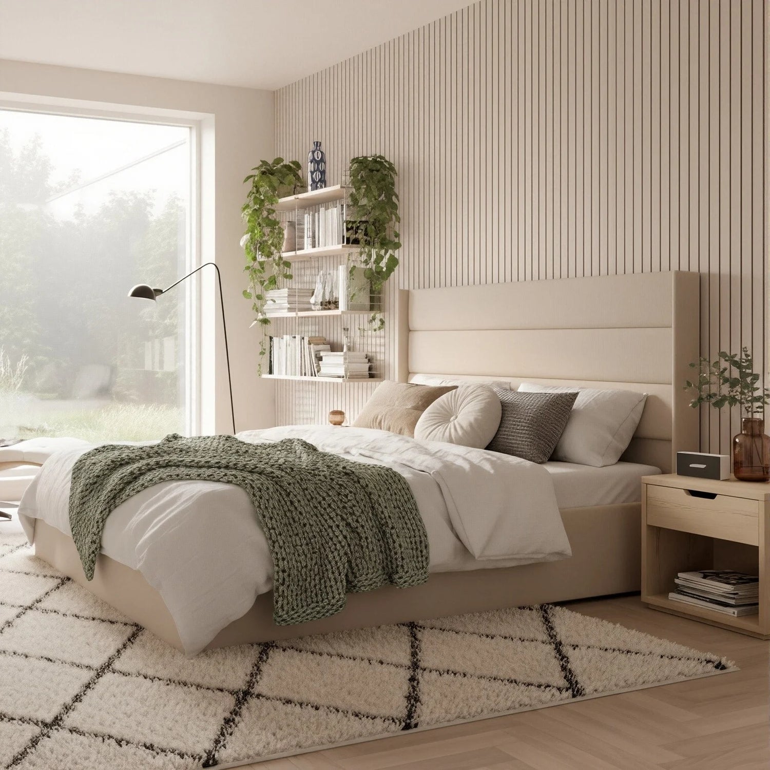 Tête de lit design avec trois panneaux rembourrés en tissu