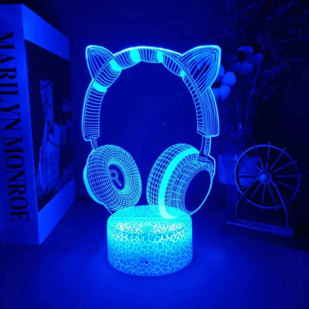 lampe led 3d casque audio oreilles chat veilleuse chambre enfant décoration lumineuse