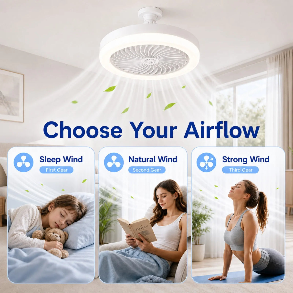 ventilateur moderne lampe led blanc télécommande variateur intensitéintérieur chambre salon