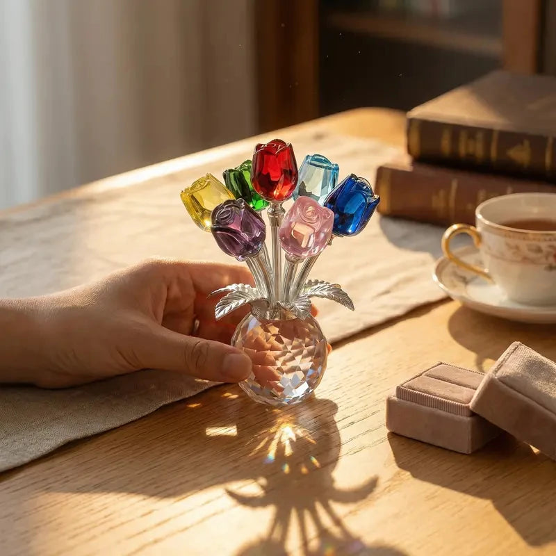 bouquet roses artificielles couleur transparent vase verre moderne décoratif rouge jaune violet bleurose