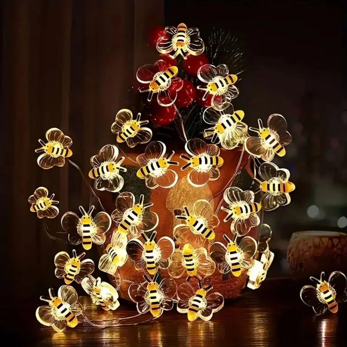 guirlande lumineuse abeilles led transparente rayures noires blanches clips décorative moderne extérieure intérieure célébrations