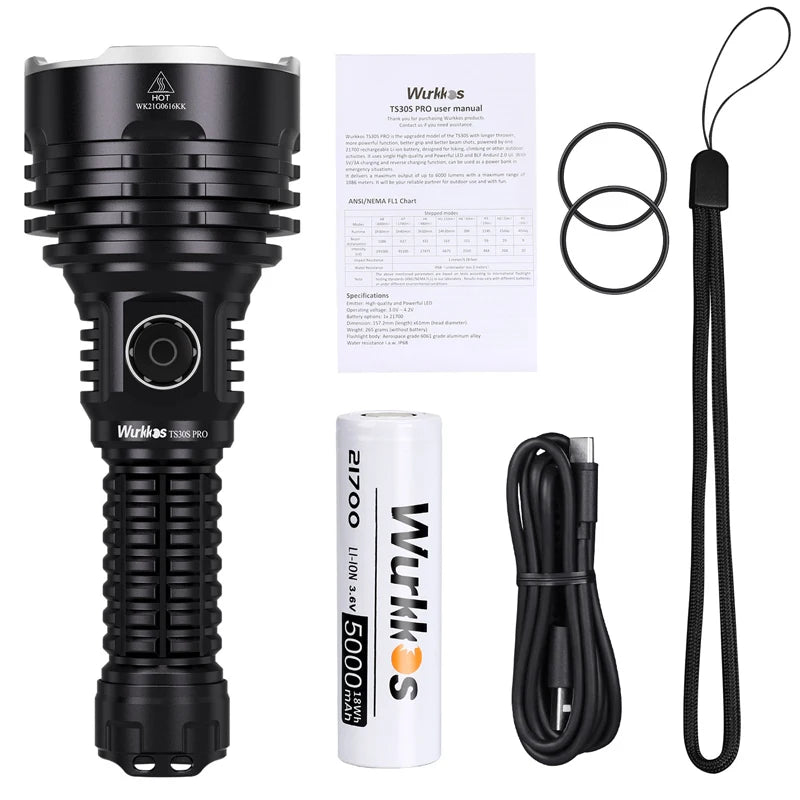 lampe poche rechargeable led noire texturée rainures moderne robuste poignée amovible cordon usb manuel