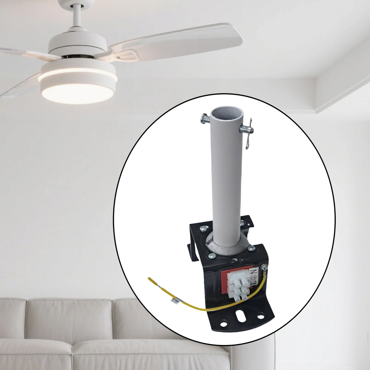 support ventilateur gris noir industriel fixations vis base carrée connecteur électrique câble Jaune
