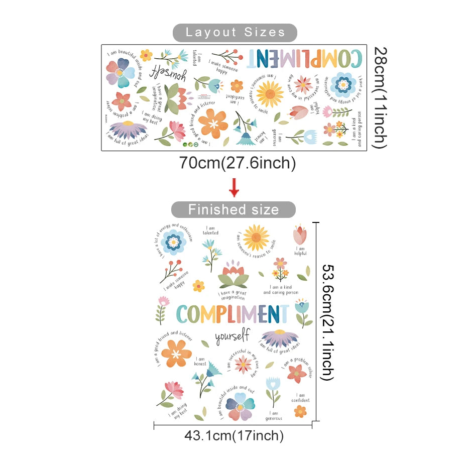 sticker mural multicolore fleurs phrases motivantes adhésif chambre enfant décoration murale positive boho