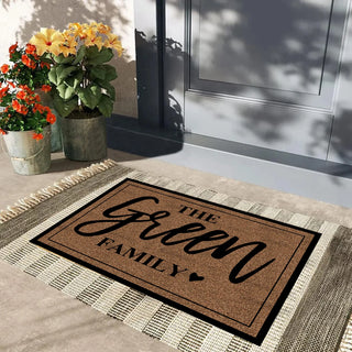tapis bienvenue personnalisé marron clair bordure carreaux moderne antidérapant 60x90cm