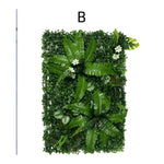 panneau végétal artificiel feuilles diverses fleurs blanches moderne décoration extérieure herbe verte opacité naturelle