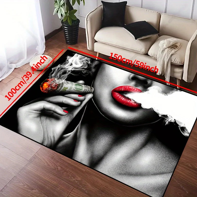 tapis artistique noir blanc lèvres rouges fumée dollars entrée maison salonhôtel campement voyage porteintérieur