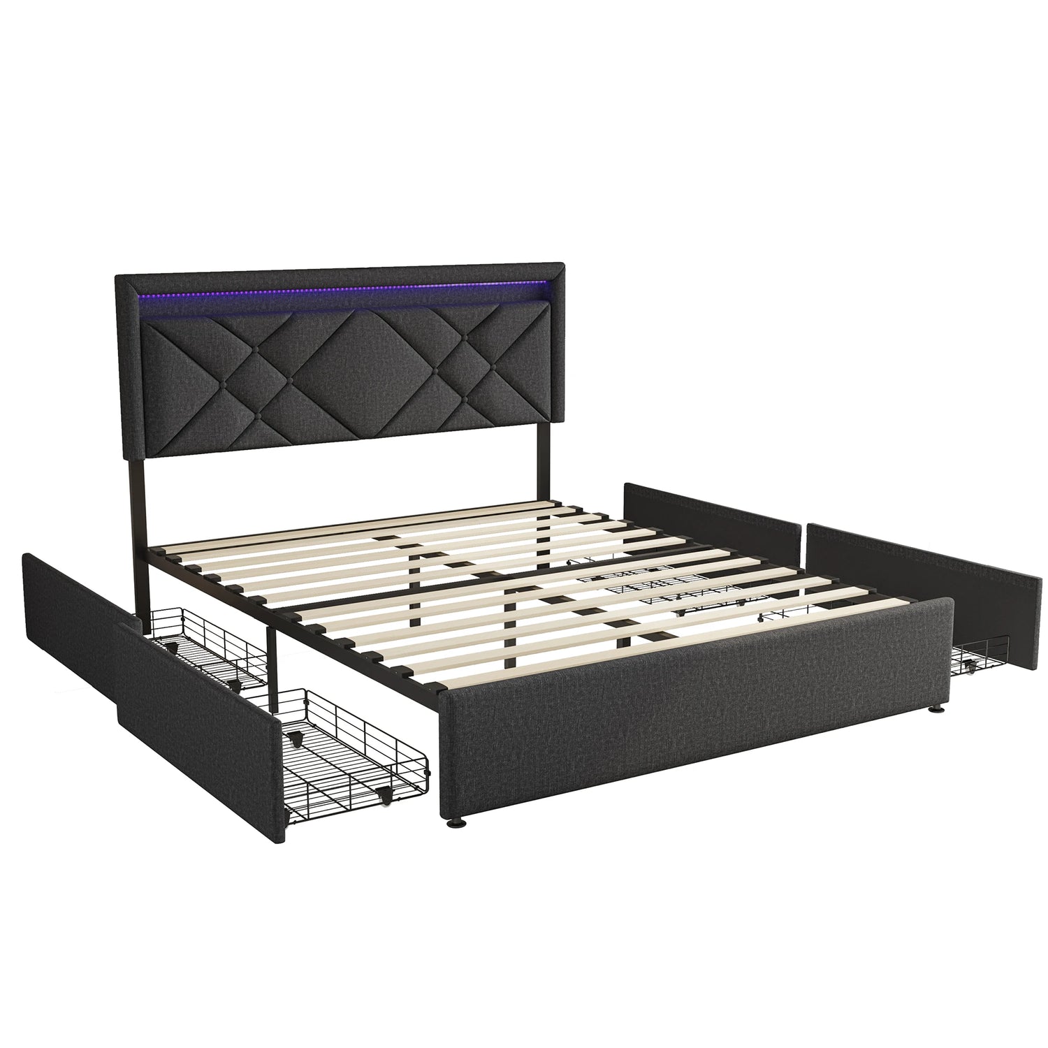 Éclairage LED multicolore du lit en ambiance tamisée