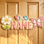 plaque porte personnalisable dessin animé fleurs papillons licorne verte bleue jaune rose