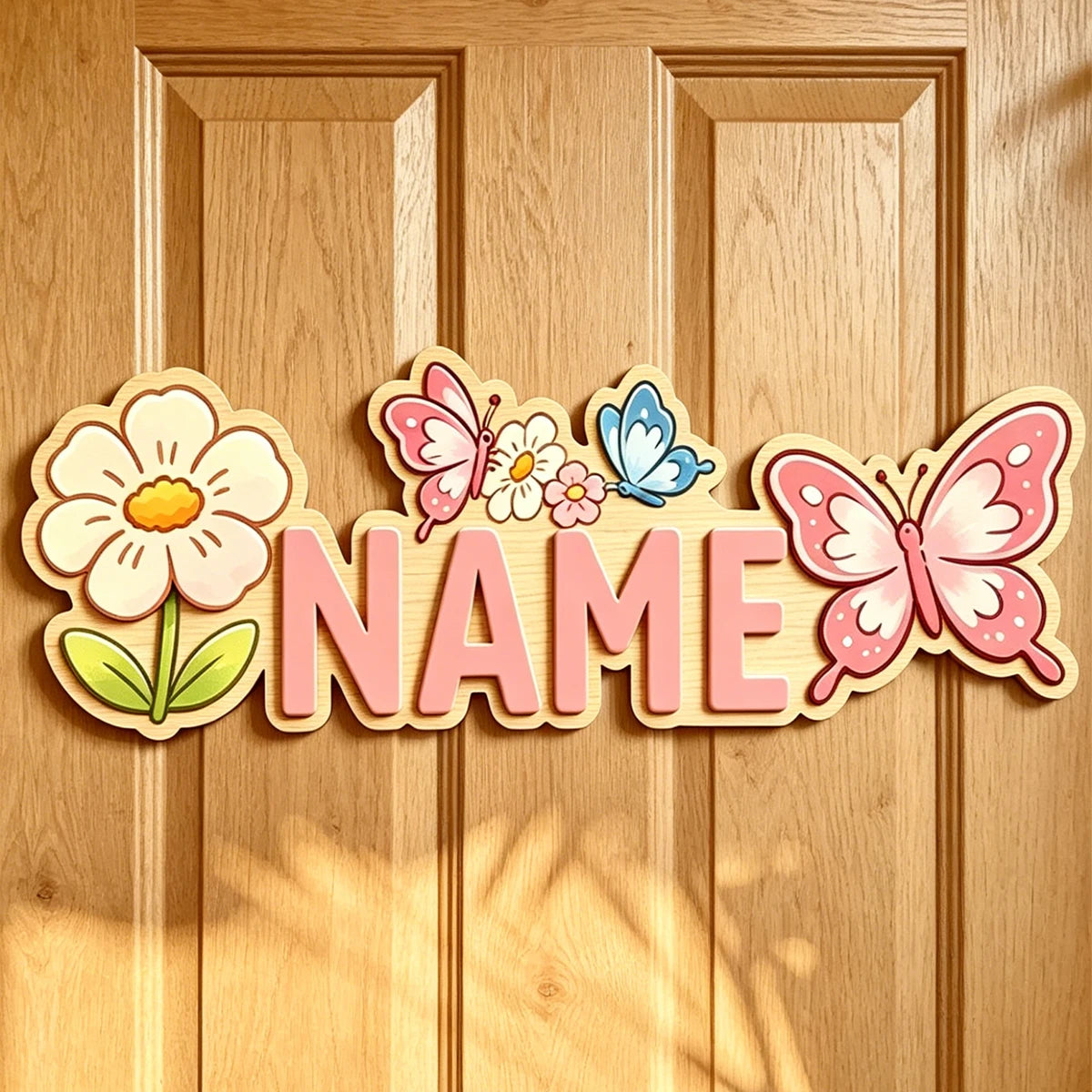 plaque porte personnalisable dessin animé fleurs papillons licorne verte bleue jaune rose