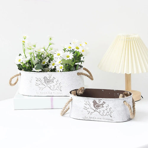 Pots fleurs jardinières rustiques vintage fer blanc marron anses corde naturelle succulentes plantes interieur