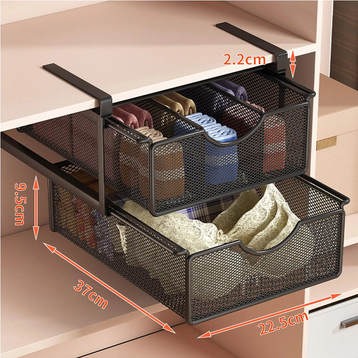 paniers rangement blanc noir maille métal coulissant clips sous armoire moderne économie place