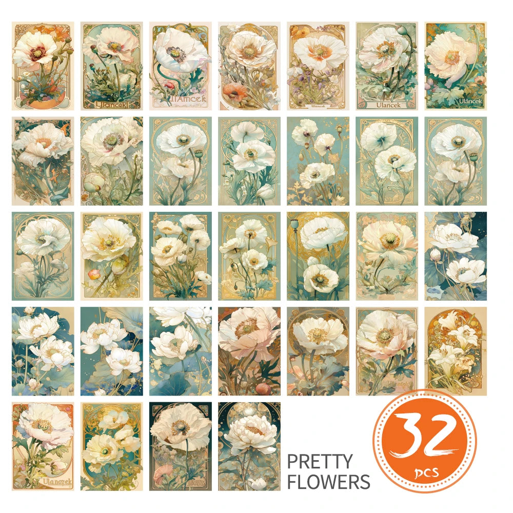 cartes postales art nouveau fleurs blanches vert clair beige enveloppe stylo vintage décoration murale