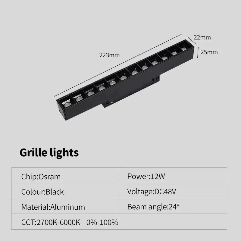 système éclairage led rail moderne noir barres lumineuses spots connecteurs dimmable 48v 220v