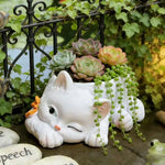 pot fleurs forme chat blanc vert nœud papillon succulentes diverses pierres décoratives jardinage mignon