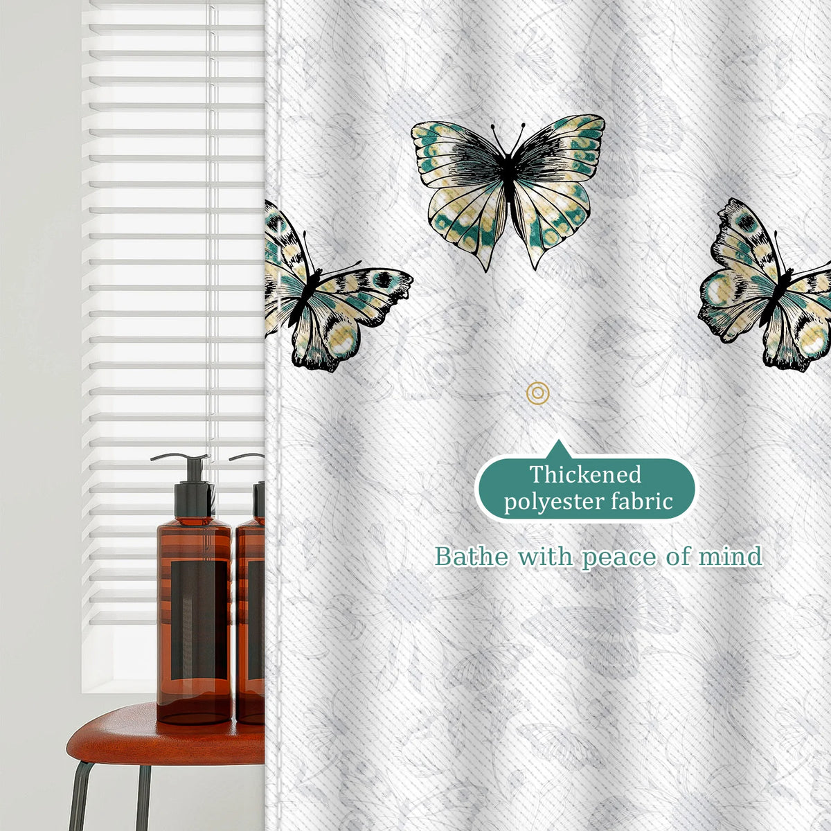 rideau douche moderne papillons colorés blanc vert noir opacité polyester texturé