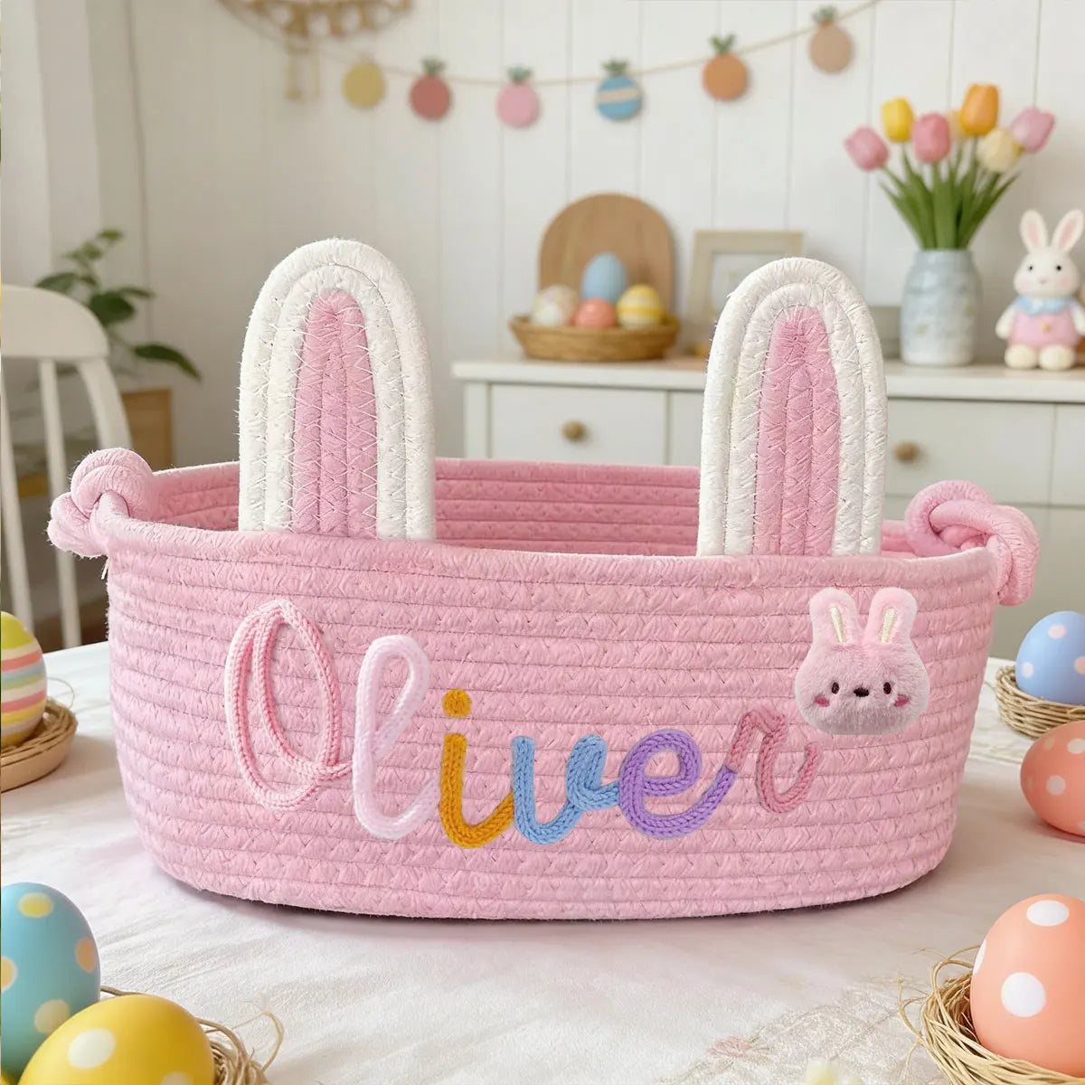 panier rangement tissu coton rose blanc bleu motif tresses décoratif enfant anneaux métalliques prénom
