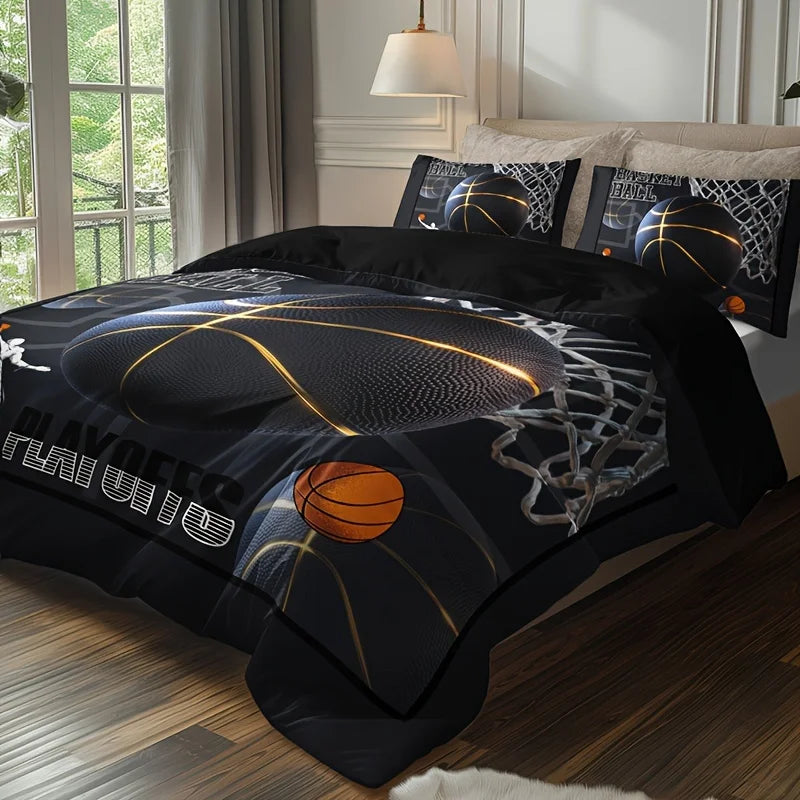 ensemble literie moderne sportif noir or blanc motif basket ball lignes dorées playoffs 180x220cm