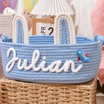 panier rangement tissu coton rose blanc bleu motif tresses décoratif enfant anneaux métalliques prénom