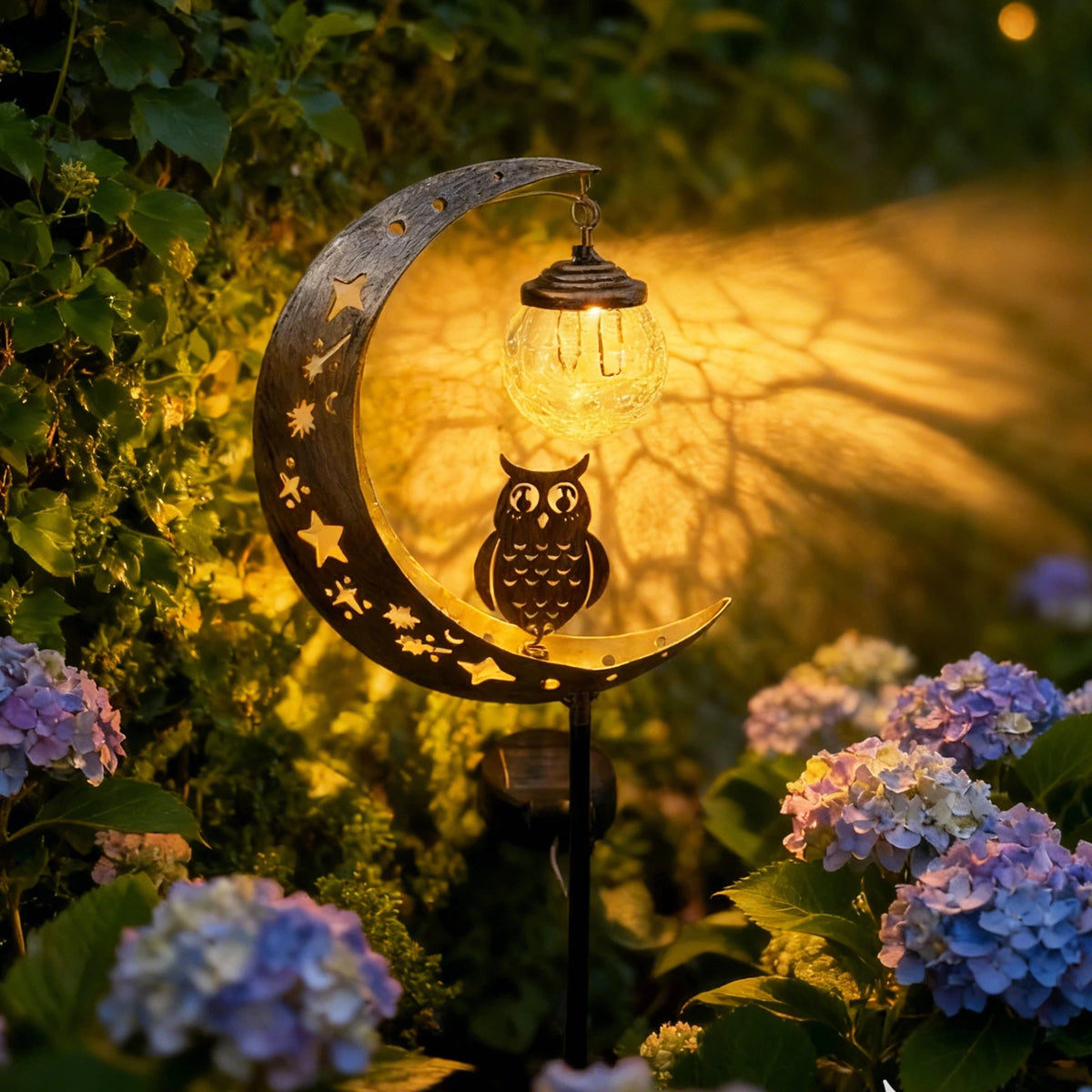 lampe solaire décorative lune or étoiles hibou verre translucide artisanalextérieur jardinrustique
