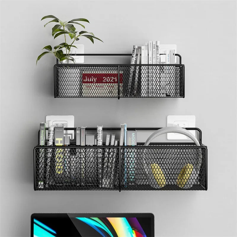 paniers rangement noir panier métallique maille moderne adhésif compartiment organisation