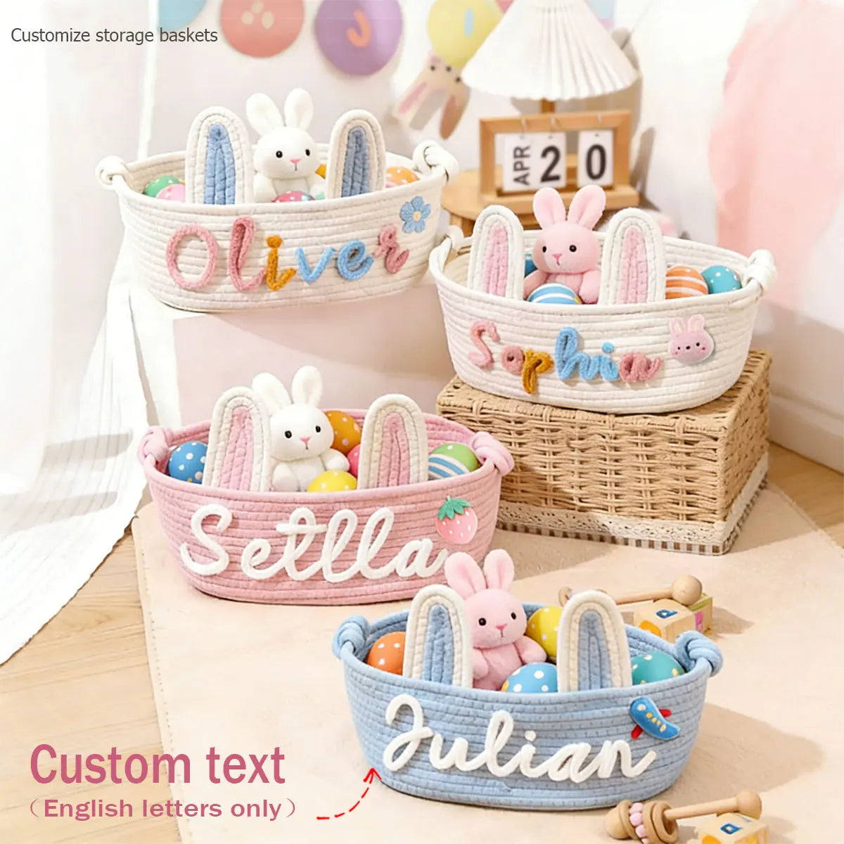panier rangement tissu coton rose blanc bleu motif tresses décoratif enfant anneaux métalliques prénom
