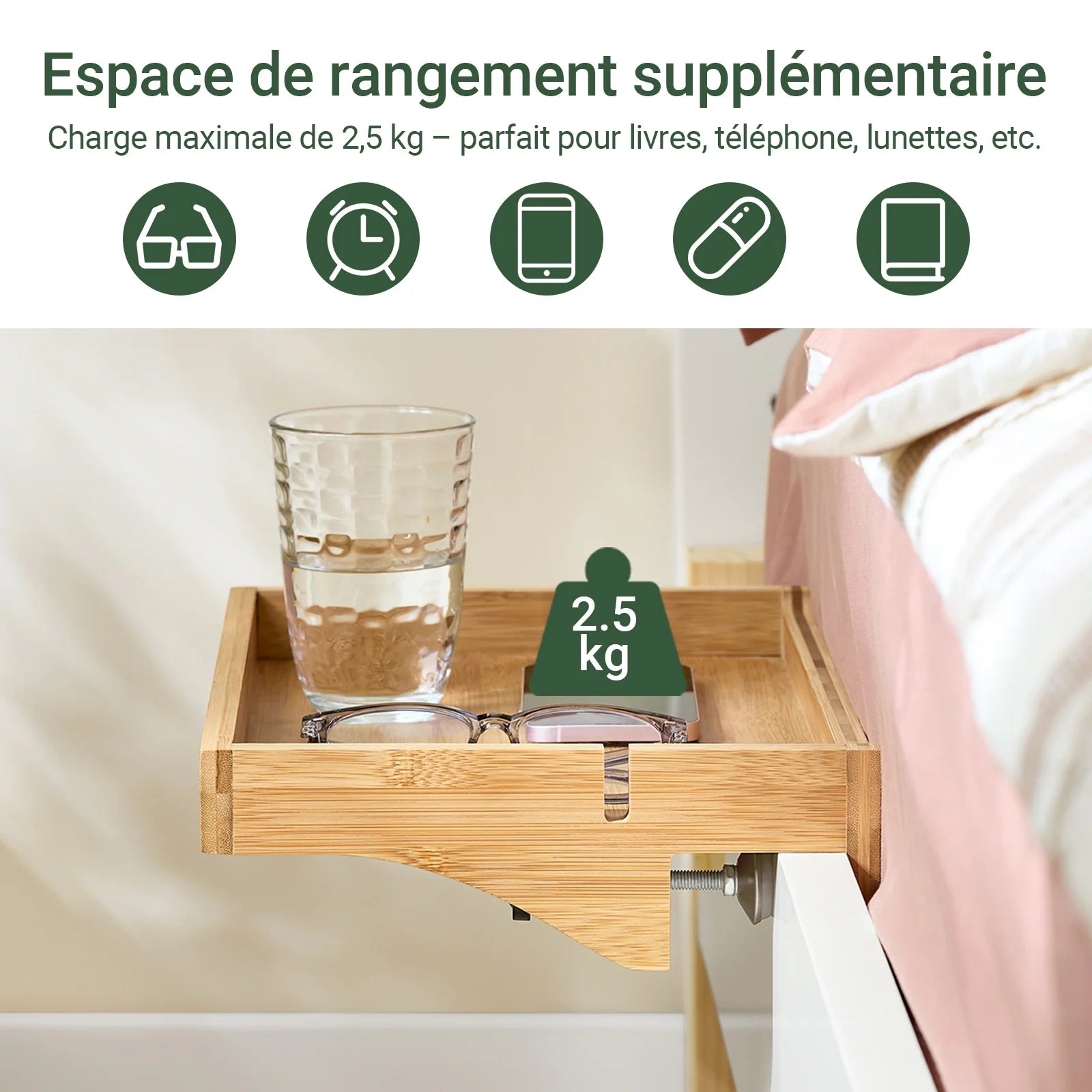 Vue de côté montrant les dimensions de la table de chevet en bambou