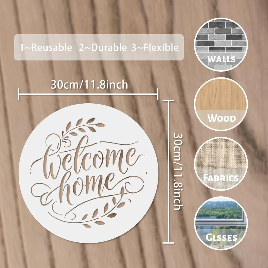 pochoir réutilisable autocollant benvenue calligraphie feuilles stylisées blanc doré élégant moderne porte bois