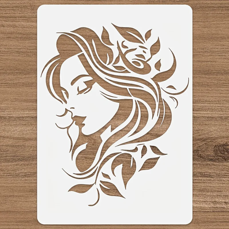 Stencil floral femme détaillée blanc brun clair art décor maison bricolage tissu mural