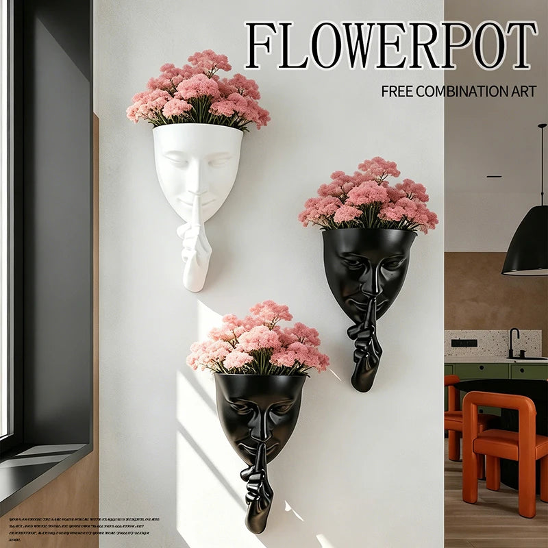 décoration murale moderne cache plantes masque blanc noir résine art contemporain texture granuleuse