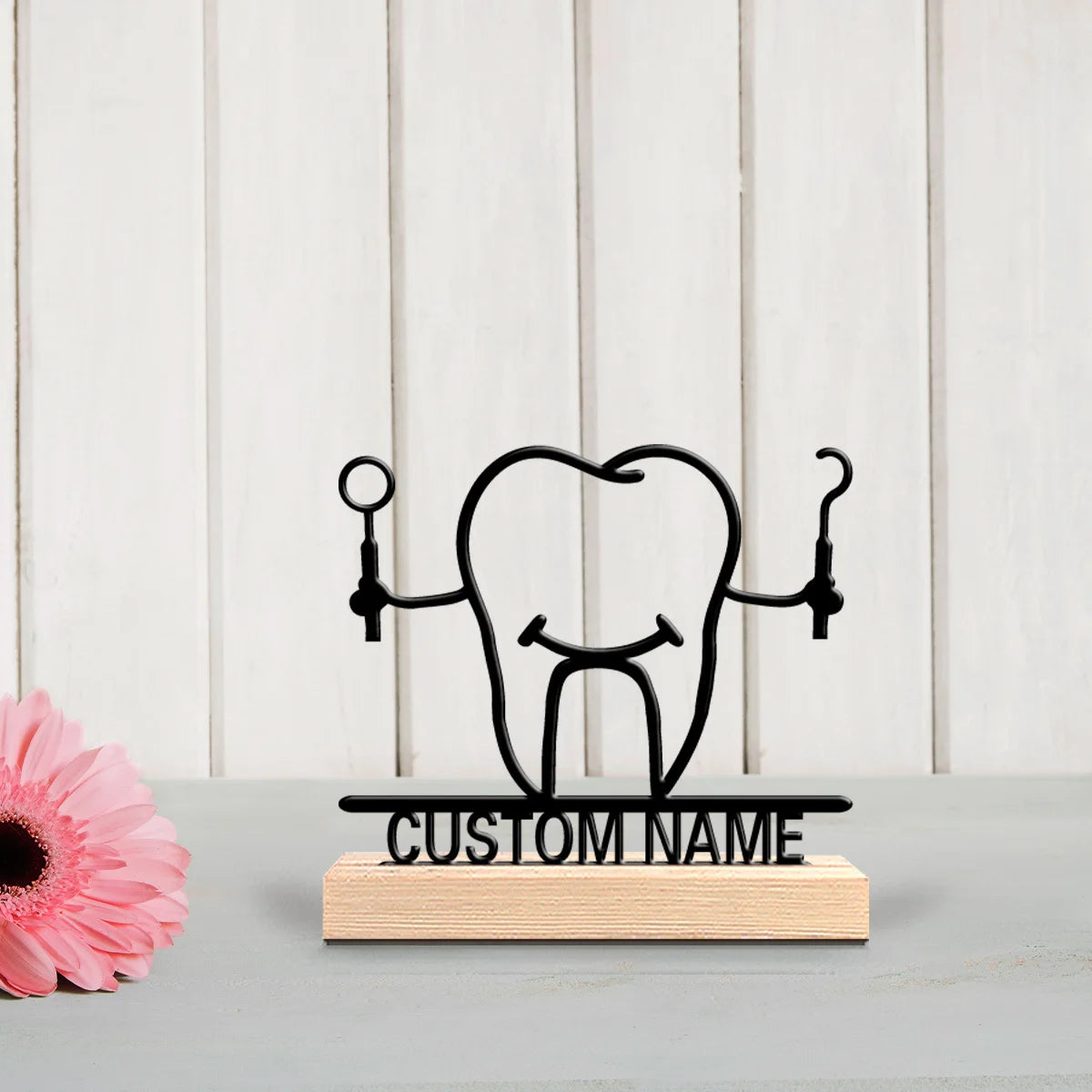 décoration dentaire personnalisée silhouette dent outils texte gravé base bois moderne minimaliste amusante