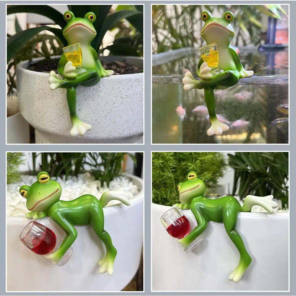 statuette grenouille verte humoristique transparente jardin balcon vertes blanches marron posant bouteille verre decorationextérieur
