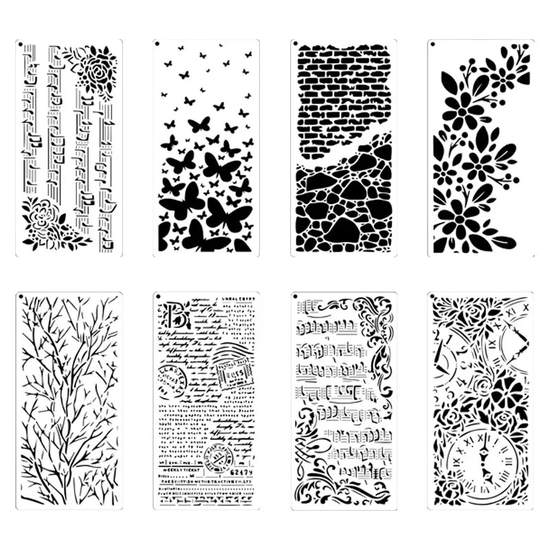 stencils peinture artisanal papillon fleur musique horloge branche brique geometrie decoration blanc