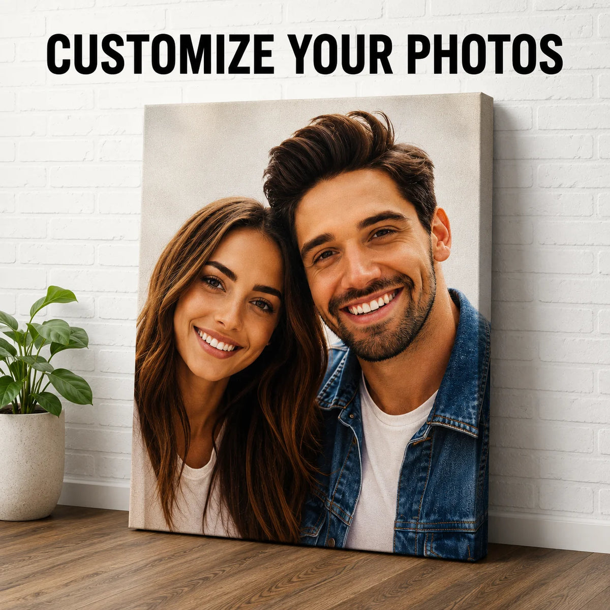 toile d'art personnalisable photo souriante moderne blanc bleu beige prête accrocherDecorationIntérieureUniqueCadeauFamilleCouple