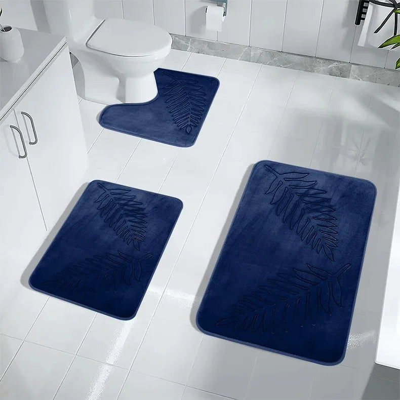 tapis sol mousse mémoire forme bleu marine gris vert feuilles palmier relief moderne large